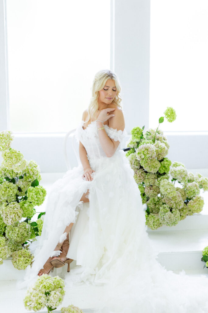 Blonde bride with green hydrangeas