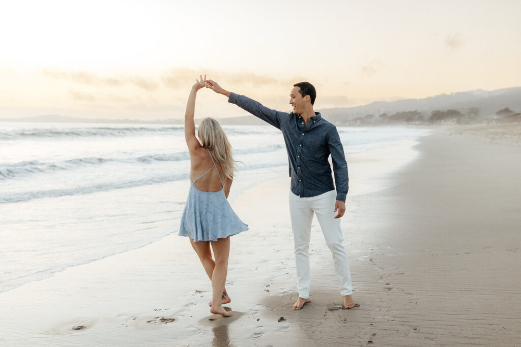 Carmel engagement photos on beach at sunset