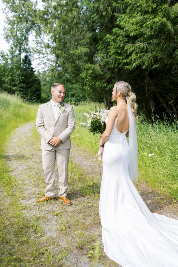 Sandpoint Idaho Wedding at Schweitzer  Mountain resort | Bride and groom first look