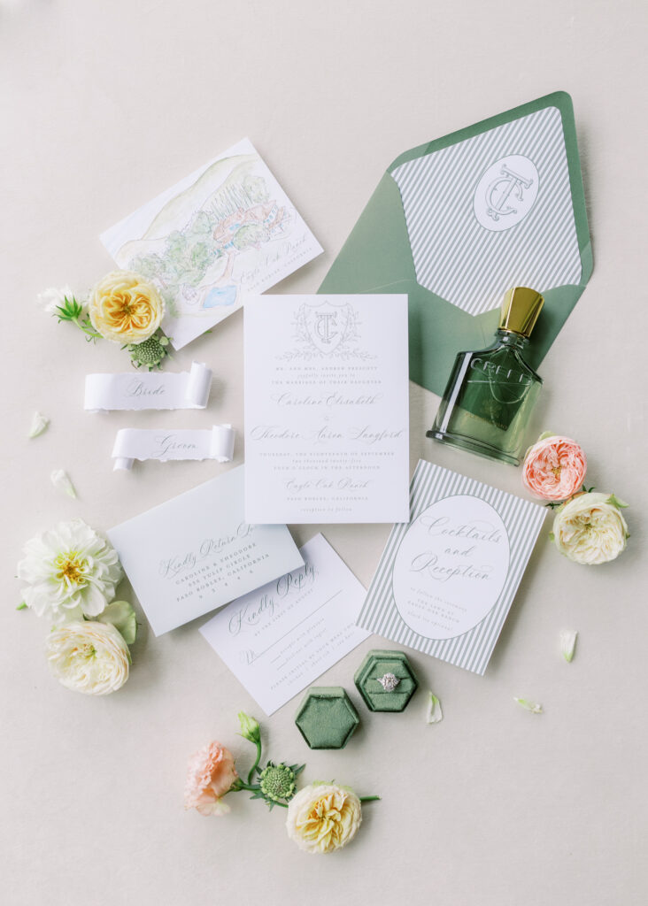 Flat lay Photos of Luxury invitation suite Eagle Oak Ranch Luxury Paso Robles Wedding Venue