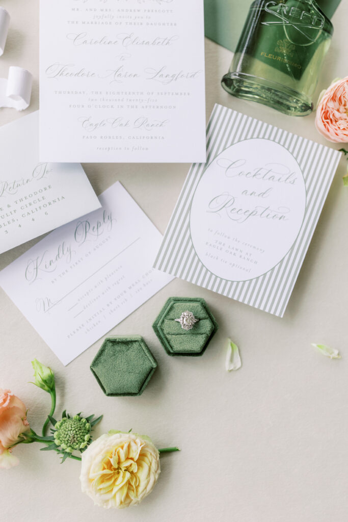Flat lay Photos of Luxury invitation suite Eagle Oak Ranch Luxury Paso Robles Wedding Venue