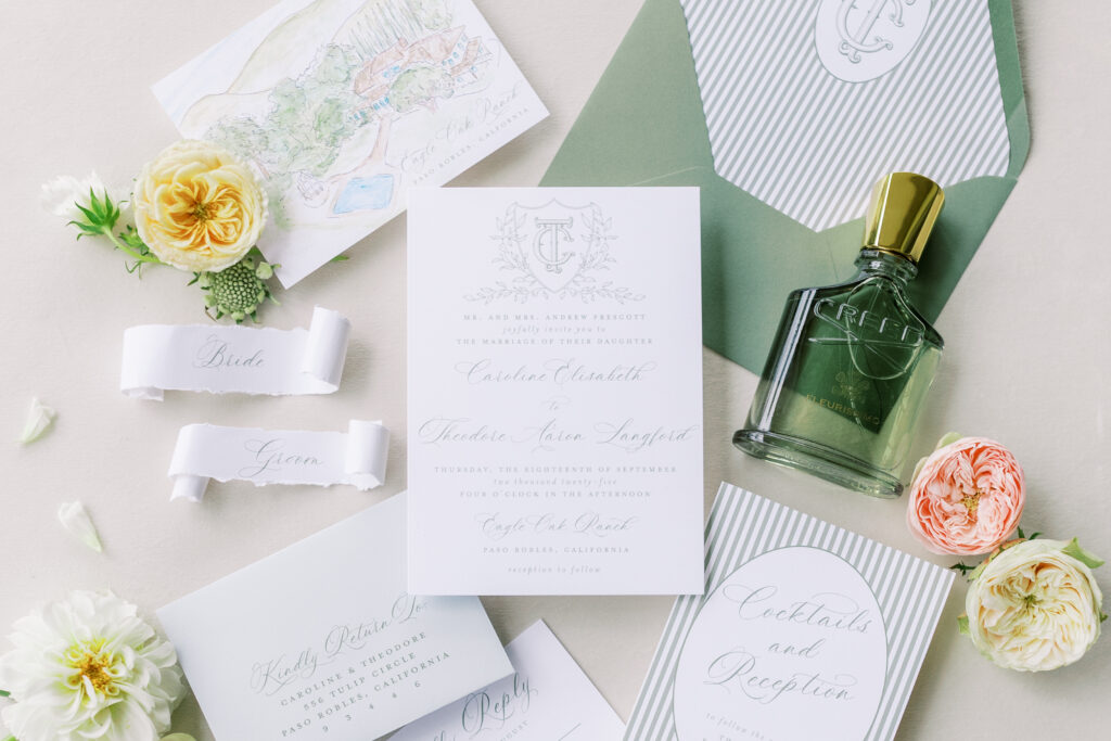 Flat lay Photos of Luxury invitation suite Eagle Oak Ranch Luxury Paso Robles Wedding Venue