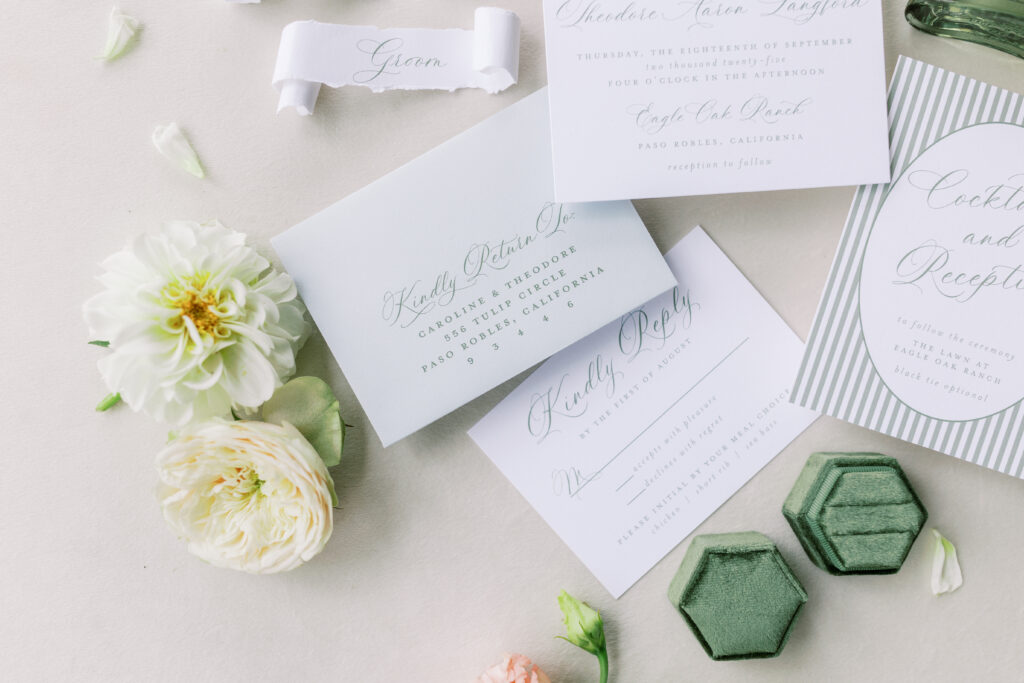 Flat lay Photos of Luxury invitation suite Eagle Oak Ranch Luxury Paso Robles Wedding Venue