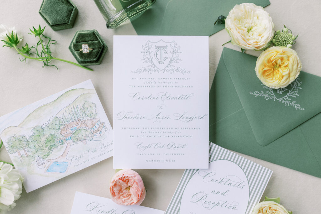 Flat lay Photos of Luxury invitation suite Eagle Oak Ranch Luxury Paso Robles Wedding Venue