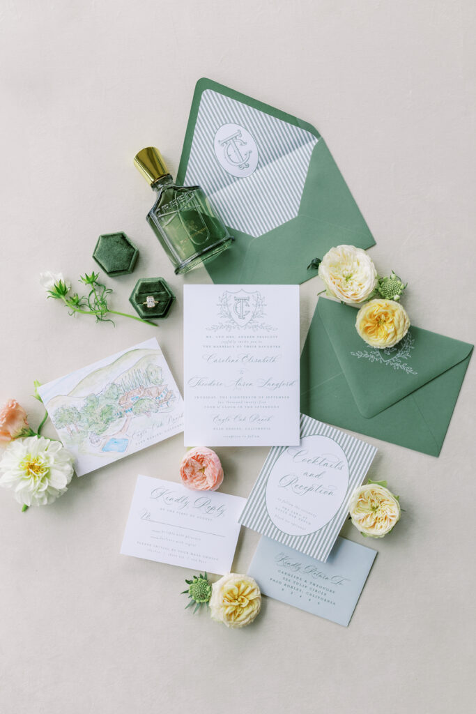 Flat lay Photos of Luxury invitation suite Eagle Oak Ranch Luxury Paso Robles Wedding Venue