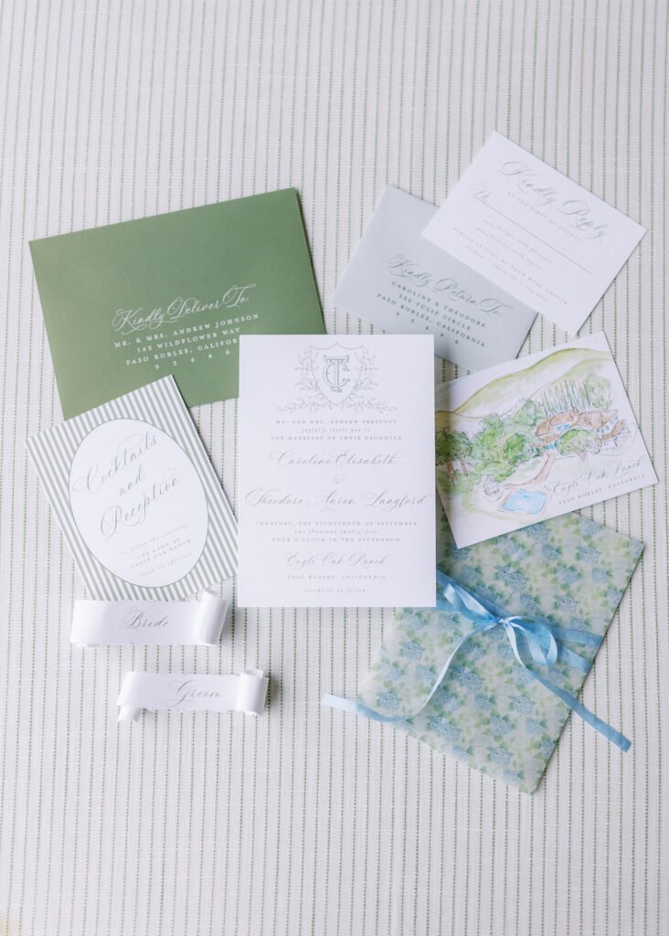 Flat lay Photos of Luxury invitation suite Eagle Oak Ranch Luxury Paso Robles Wedding Venue