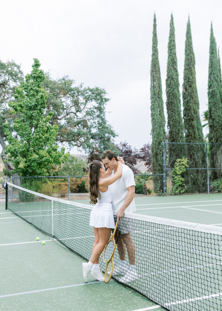 Romantic engagement session on tennis court at Eagle Oak Ranch Paso Robles