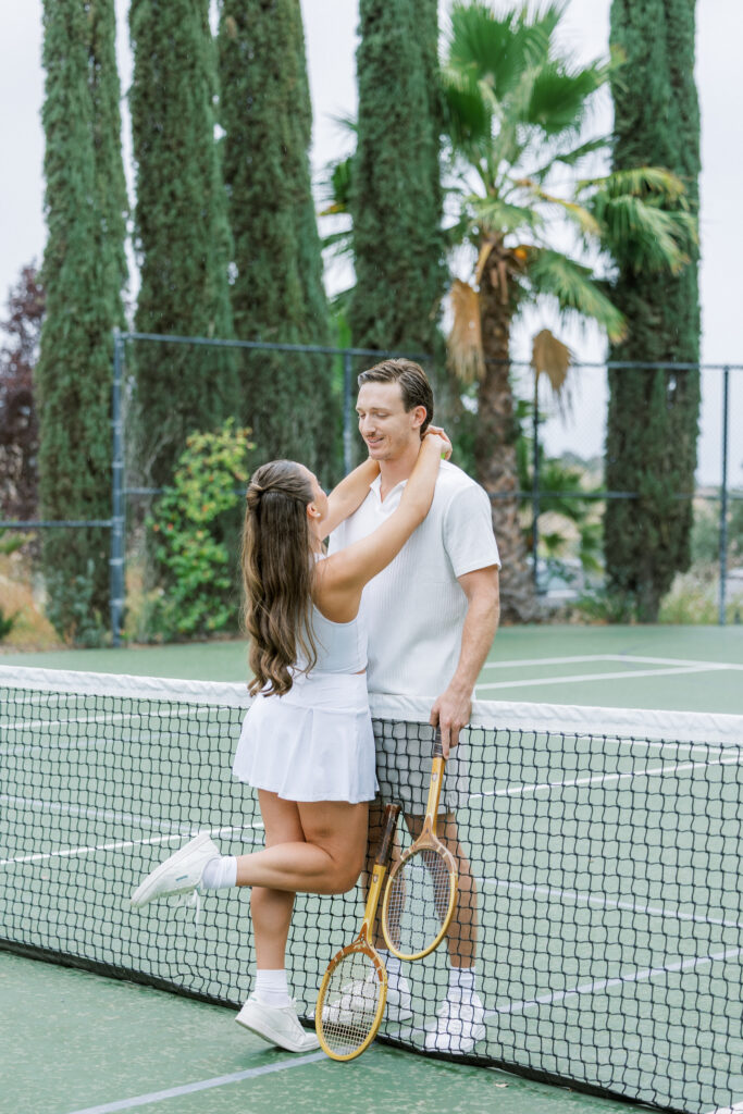 Romantic engagement session on tennis court at Eagle Oak Ranch Paso Robles