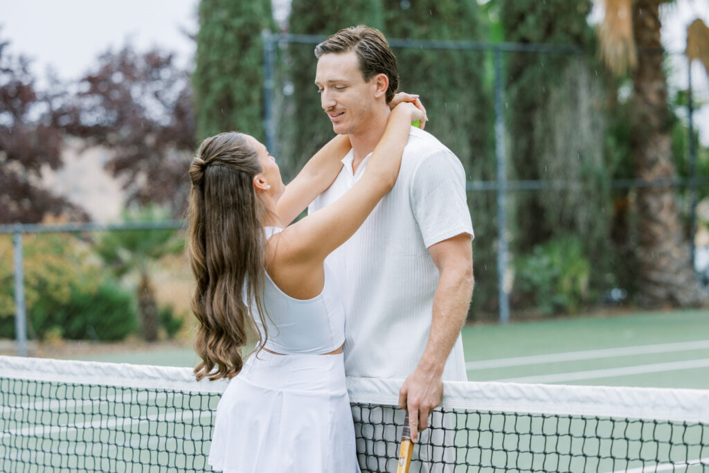 Romantic engagement session on tennis court at Eagle Oak Ranch Paso Robles