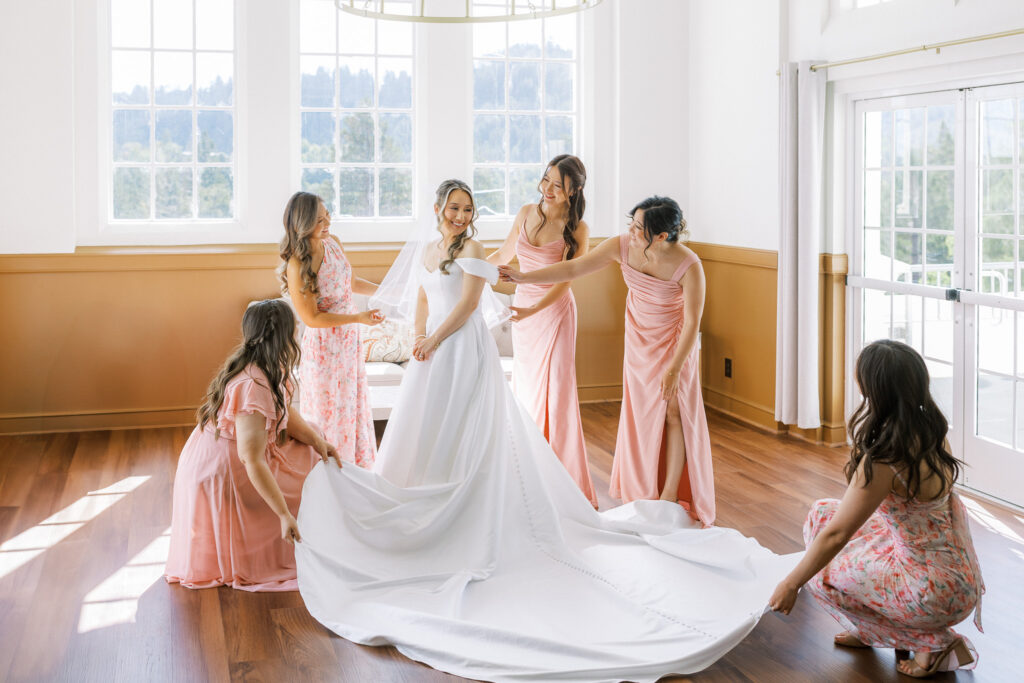 Bride in classic A-line gown with bow veil during first look captured by Marin wedding photographer Shannon bryn photo
