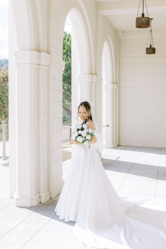 Classic bridal portrait featuring A-line gown and bow veil by Marin wedding photographer Shannon Bryn Photo
