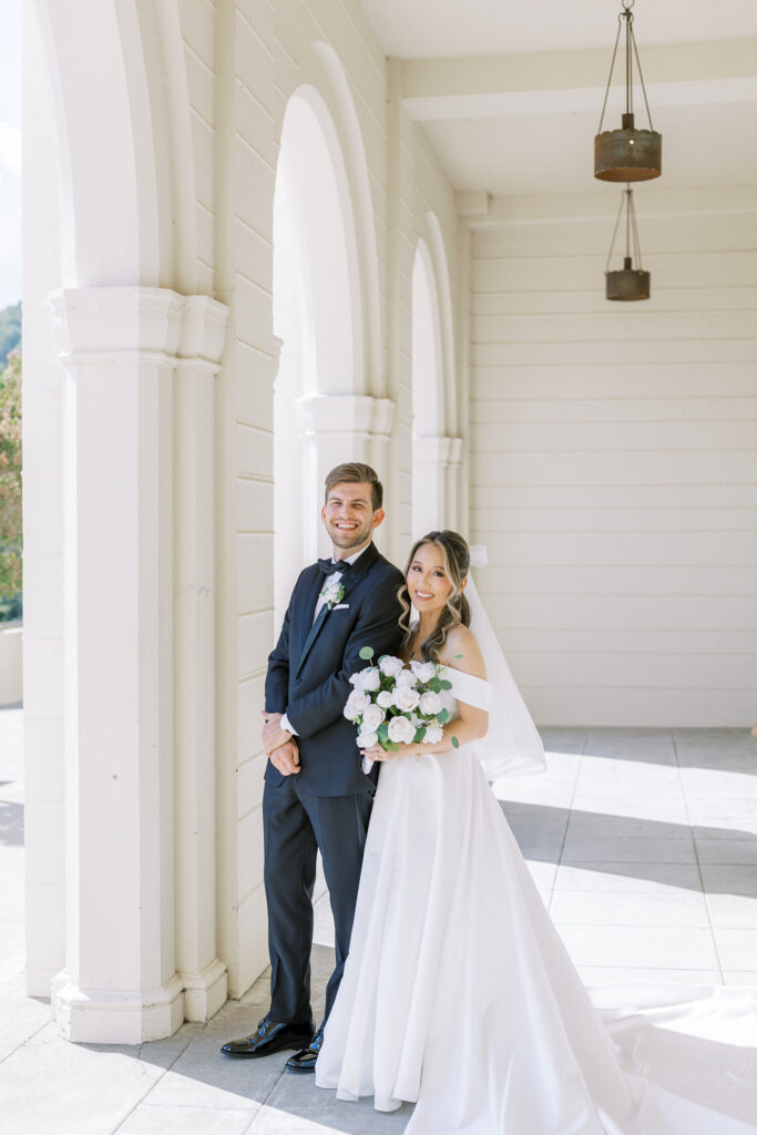 Classic bridal portrait featuring A-line gown and bow veil by Marin wedding photographer Shannon Bryn Photo

