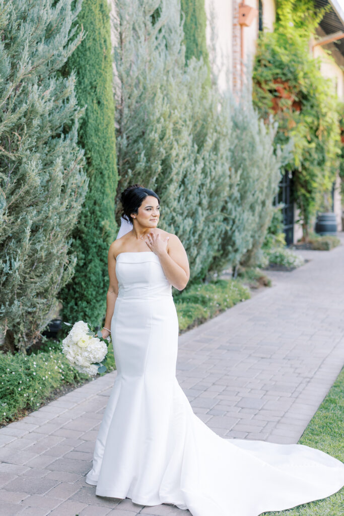 Bride in strapless Stella York gown with chic updo at The Palm Event Center in Livermore