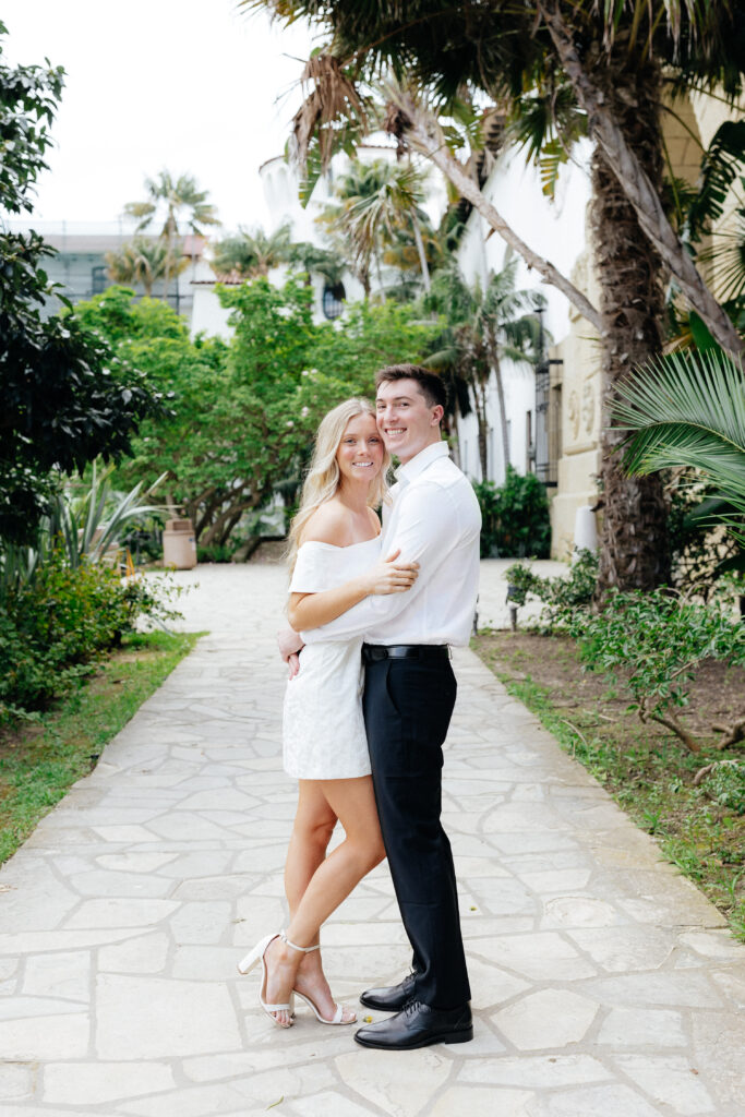 Newlyweds celebrating at the Santa Barbara Courthouse Clock Tower