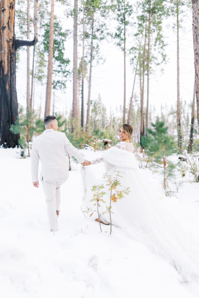 Bridal Portraits in the forrest at Evergreen Lodge yosemite wedding venue