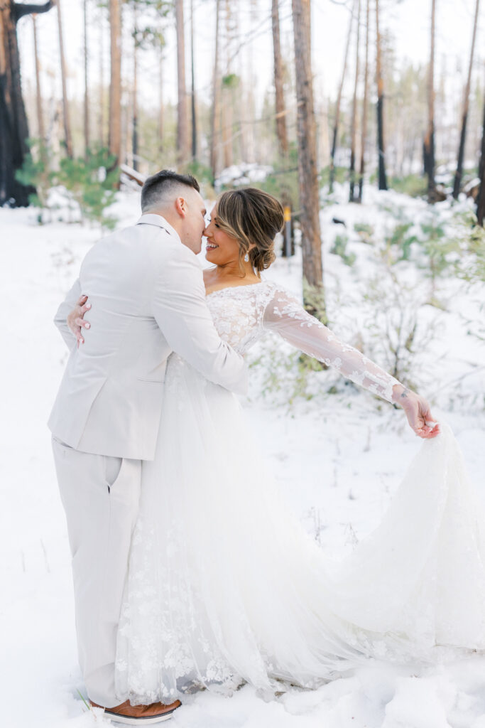 Bridal Portraits in the forrest at Evergreen Lodge yosemite wedding venue