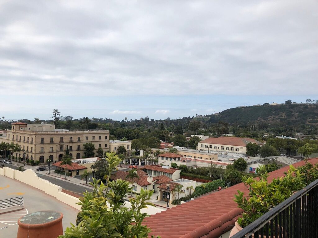 Rooftop ceremony overlooking downtown Santa Barbara at the Canary Hotel | Spanish Style Wedding Venues