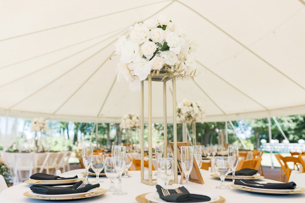 Elegant tented vineyard wedding reception in Galt California