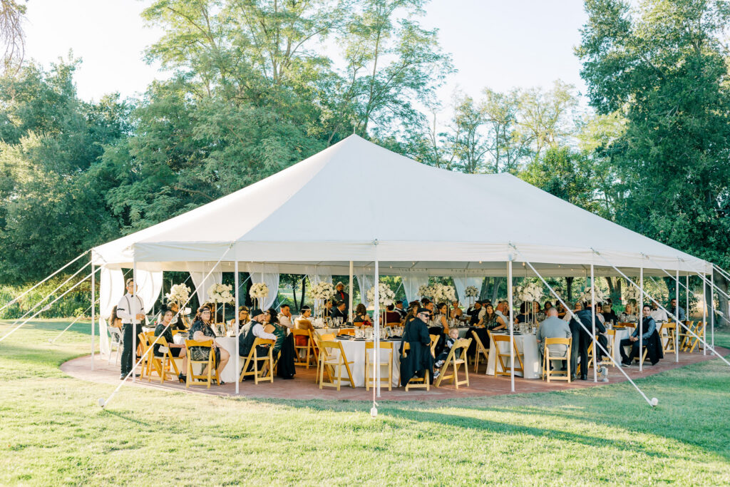 Elegant tented vineyard wedding reception in Galt California