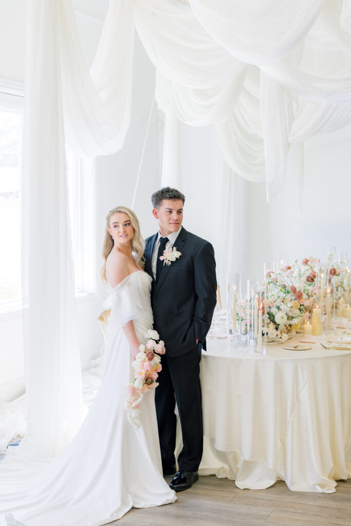modern editorial wedding Magnolia Event Center bride and groom portrait