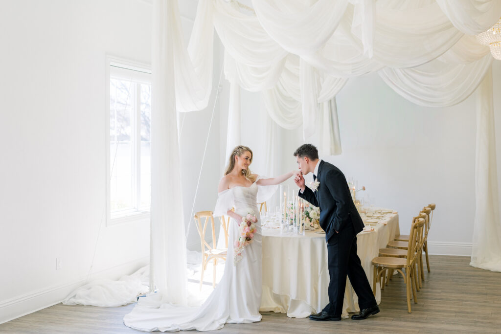 modern editorial wedding Magnolia Event Center bride and groom portrait