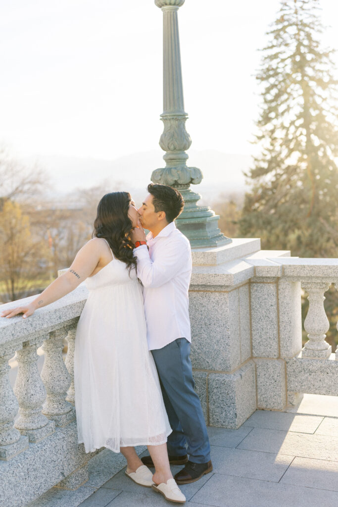 Elegant Utah engagement session with neutral outfits at Capitol