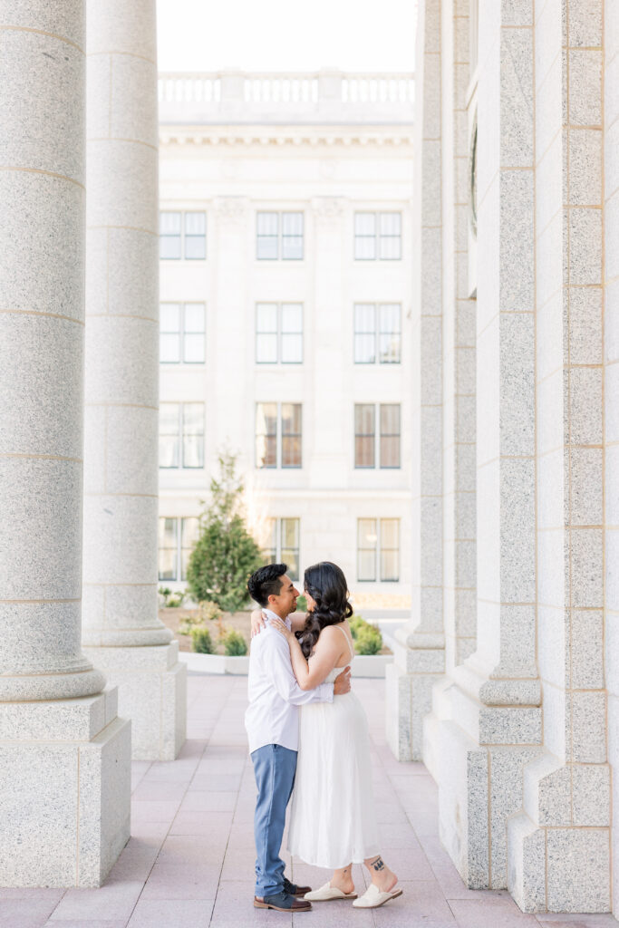 Salt Lake City engagement photos at Utah State Capitol columns