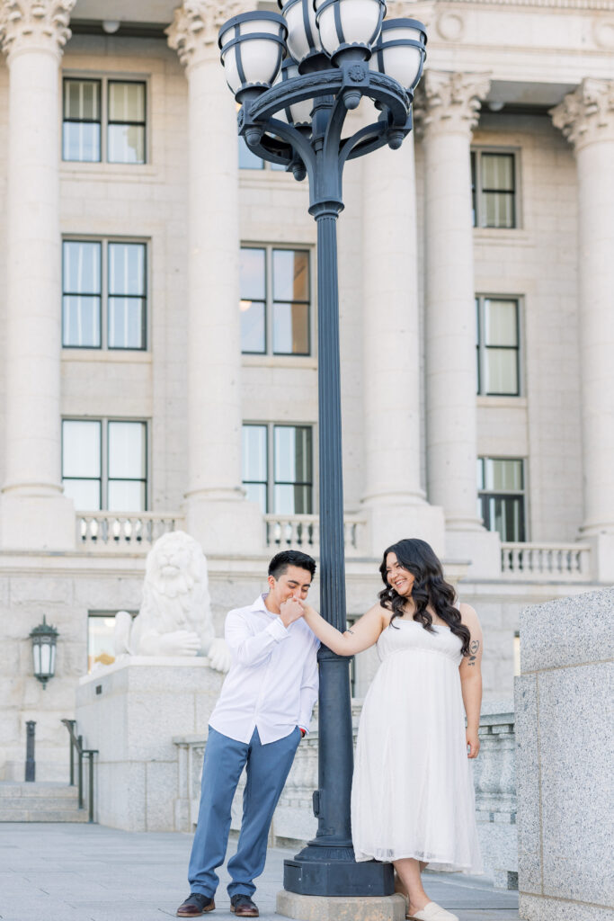 Salt Lake City engagement photos at Utah State Capitol columns
