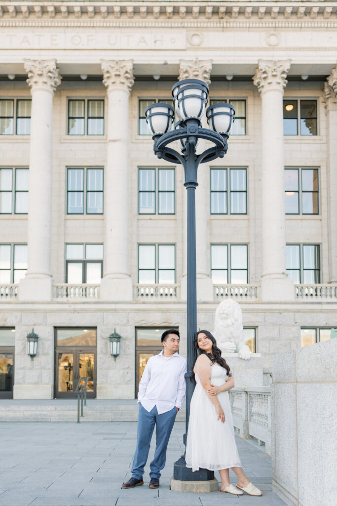 Salt Lake City engagement photos at Utah State Capitol columns