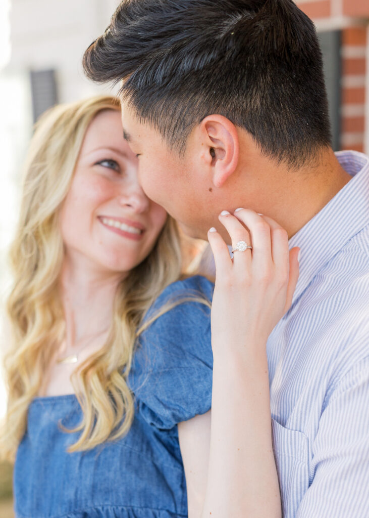 Couple embracing during natural engagement photos